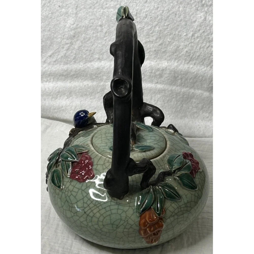 EXCEPTIONAL POTTERY TEAPOT WITH BIRD, FLOWERS & VINES~12